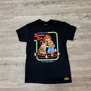 Black Graphic Tee with Demon Cat Design